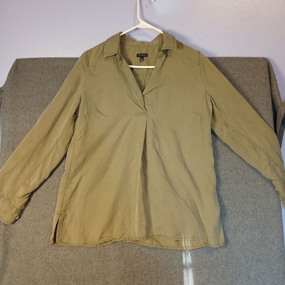 Talbots Olive Green Collared V-Neck Blouse Sz M